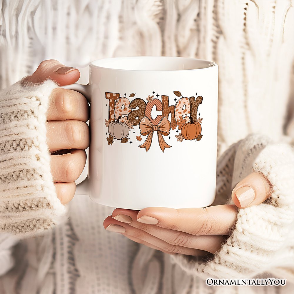 Teacher Coquette Autumn Personalized Mug, Cozy Fall Pumpkin Gift with Custom Name Personalized Ceramic Mug OrnamentallyYou 