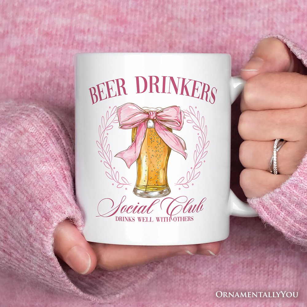 Beer Drinkers Social Club Personalized Mug, Coquette Pink Bow Gift with Custom Name for Girly Summer Bachelorette Vibes Personalized Ceramic Mug OrnamentallyYou 