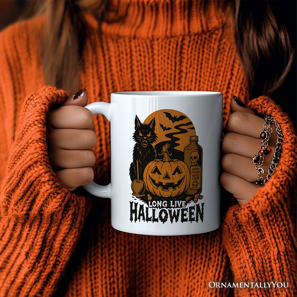 Long Live Halloween Personalized Mug, Retro Black Cat Pumpkin Gift with Custom Name Personalized Ceramic Mug OrnamentallyYou 
