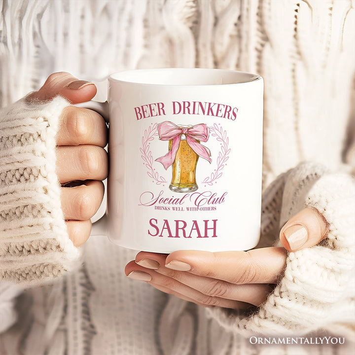 Beer Drinkers Social Club Personalized Mug, Coquette Pink Bow Gift with Custom Name for Girly Summer Bachelorette Vibes Personalized Ceramic Mug OrnamentallyYou 