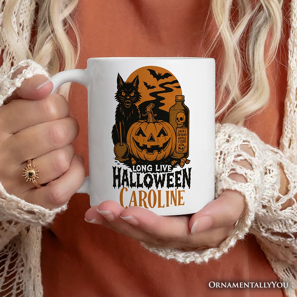 Long Live Halloween Personalized Mug, Retro Black Cat Pumpkin Gift with Custom Name Personalized Ceramic Mug OrnamentallyYou 