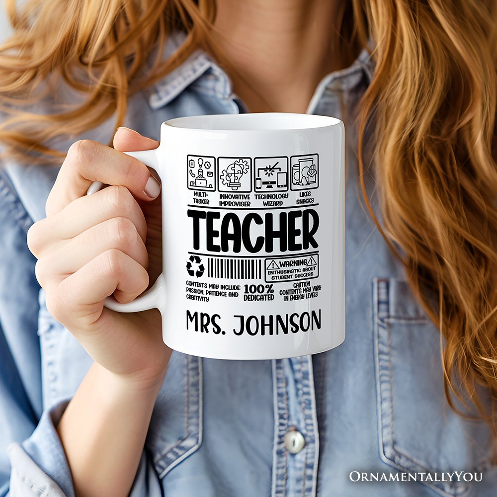 Teacher Label Personalized Mug, Funny Barcode for Dedicated Educators Gift with Custom Name Personalized Ceramic Mug OrnamentallyYou 