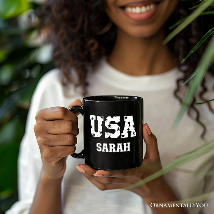 USA Block Letters Personalized Mug, Vintage Patriotic Gift with Custom Name Personalized Ceramic Mug OrnamentallyYou 