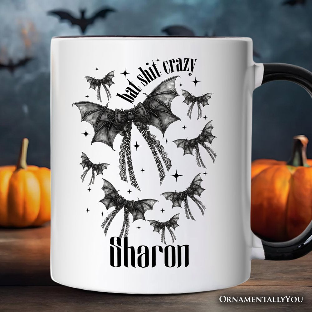 Bat Shit Crazy Coquette Bats Personalized Mug, Funny Halloween Gift with Custom Name Personalized Ceramic Mug OrnamentallyYou White - Black Customized 