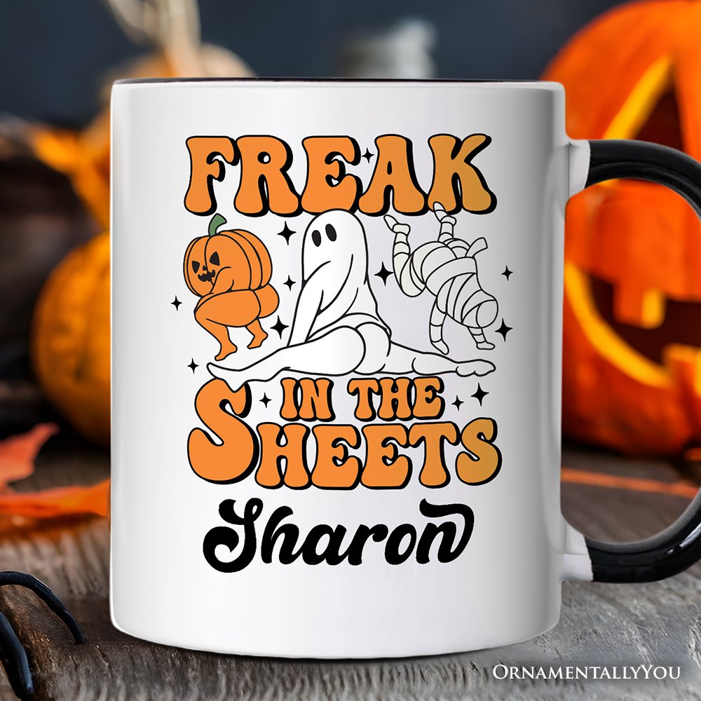 Freak in the Sheets Ghost Personalized Mug, Naughty Halloween Gift with Custom Name Personalized Ceramic Mug OrnamentallyYou White - Black Customized 