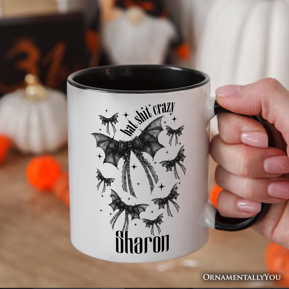 Bat Shit Crazy Coquette Bats Personalized Mug, Funny Halloween Gift with Custom Name Personalized Ceramic Mug OrnamentallyYou 