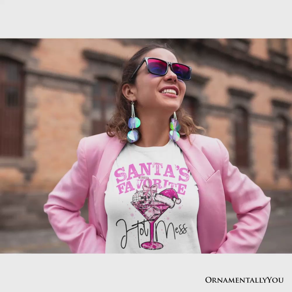 Santa’s Favorite Hot Mess T‑Shirt, Pink Martini Retro Disco Christmas Tee