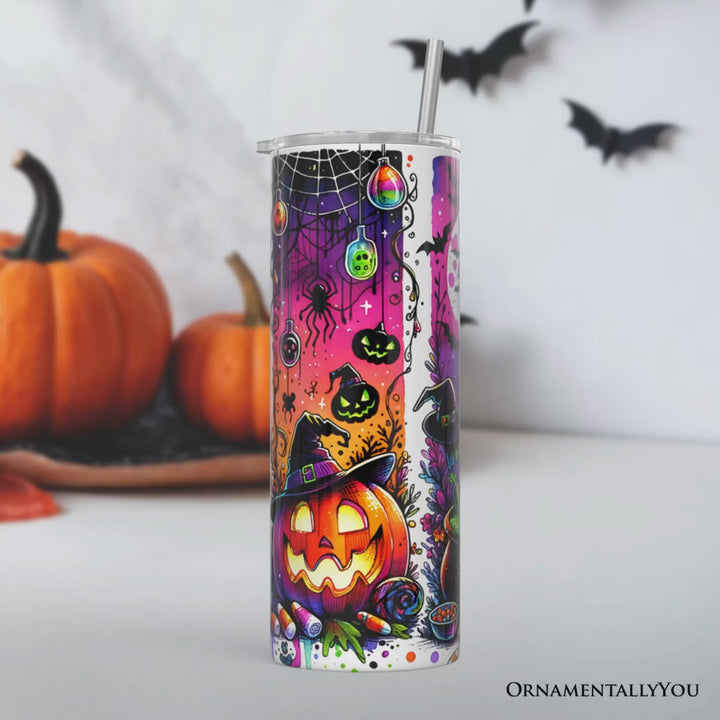 Neon Halloween Witch Scene 20oz Personalized Tumbler With Lid and Stainless Steel Straw, Colorful Spooky Gift Cup