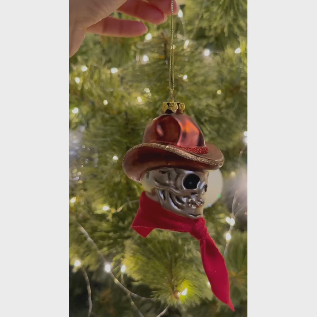 Vintage Ol Western Cowboy Skull Glass Ornament, Gothic Skeleton Wild West Tree Decor