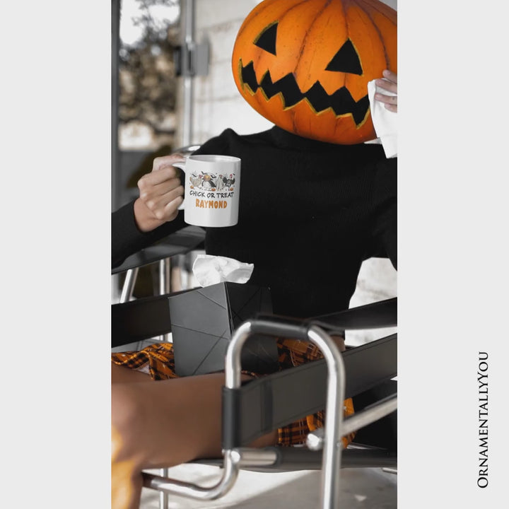 Chick or Treat Spooky Personalized Mug, Halloween Chicken Country Gift with Custom Name