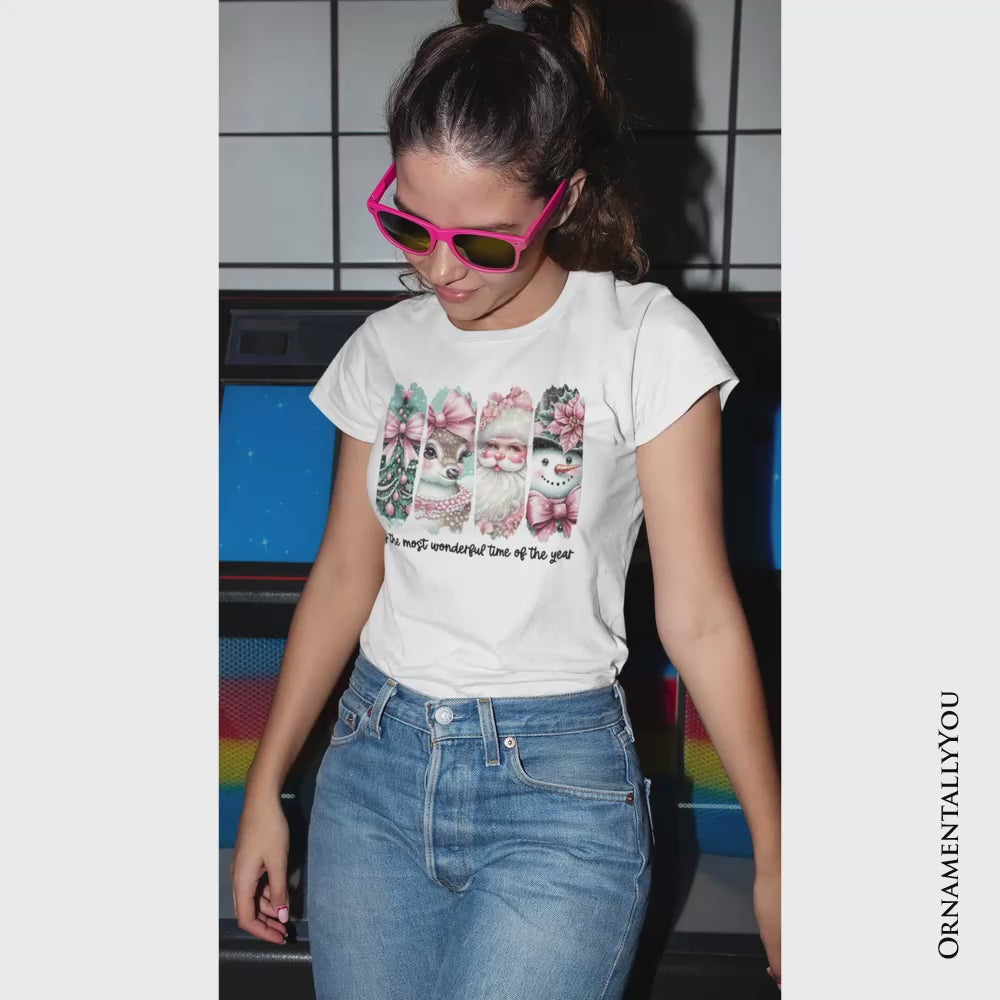 Coquette Pink Christmas T‑Shirt, It's The Most Wonderful Time Of The Year Vintage Tree, Reindeer, Santa and Snowman Tee