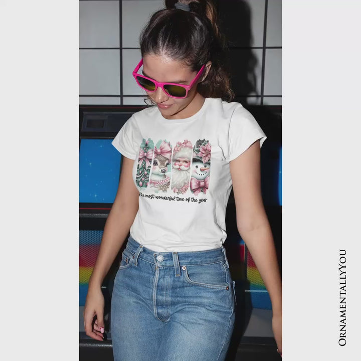 Coquette Pink Christmas T‑Shirt, It's The Most Wonderful Time Of The Year Vintage Tree, Reindeer, Santa and Snowman Tee