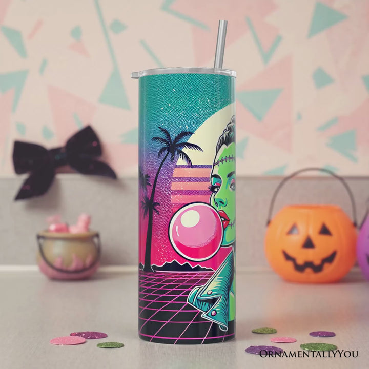 Vaporwave Mrs Frankenstein Retro Neon Horror 20oz Personalized Tumbler With Lid and Stainless Steel Straw, Synthwave 80's Styled Classic Halloween Gift Cup
