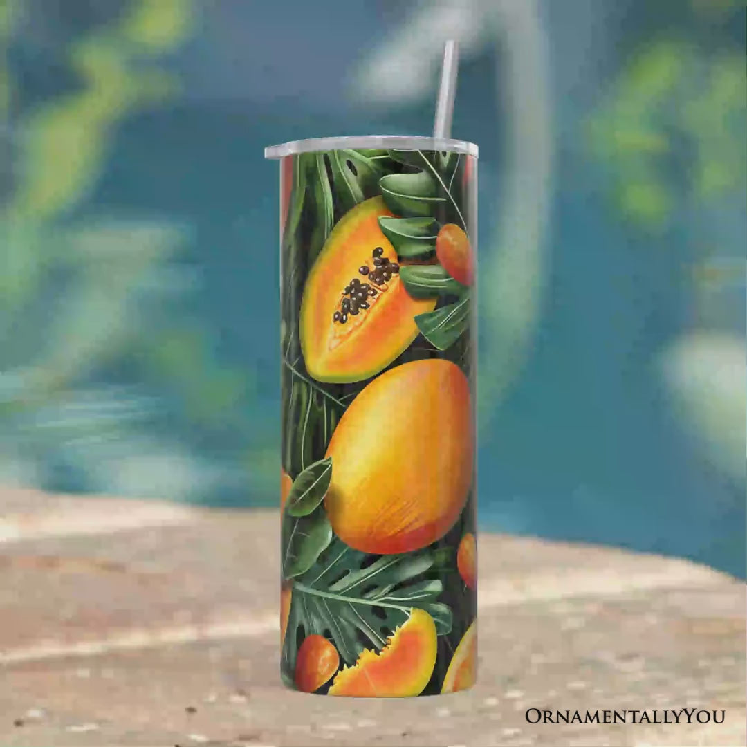 Tropical Papaya, Mango and Citrus 20oz Personalized Tumbler With Lid and Stainless Steel Straw, Exotic Summer Fruit Gift Cup