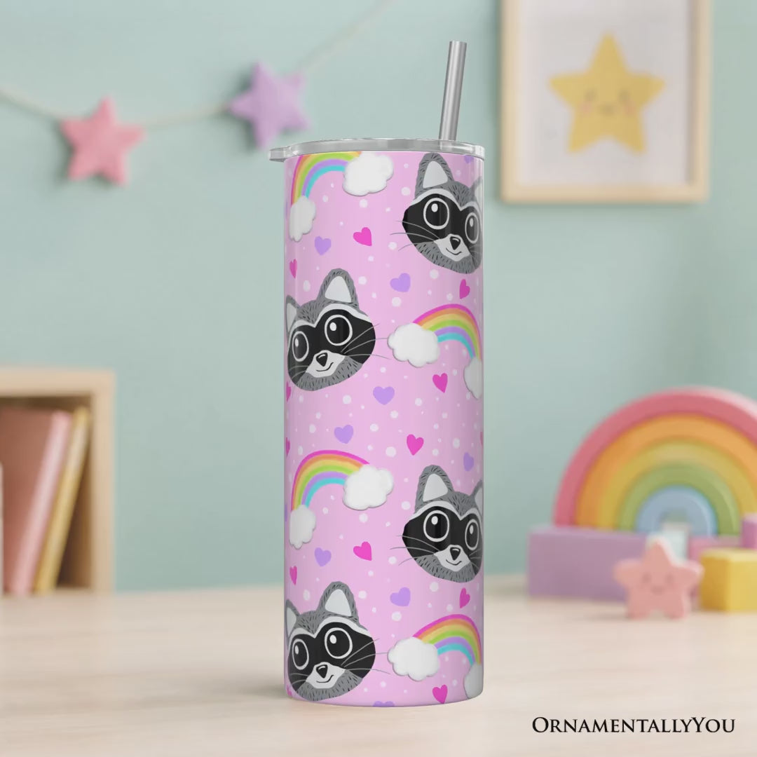 Pink Raccoon Rainbow Pattern 20oz Personalized Tumbler With Lid and Stainless Steel Straw, Colorful Woodland Animal Gift Cup