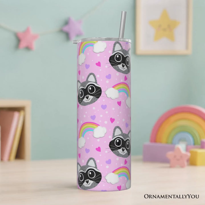 Pink Raccoon Rainbow Pattern 20oz Personalized Tumbler With Lid and Stainless Steel Straw, Colorful Woodland Animal Gift Cup