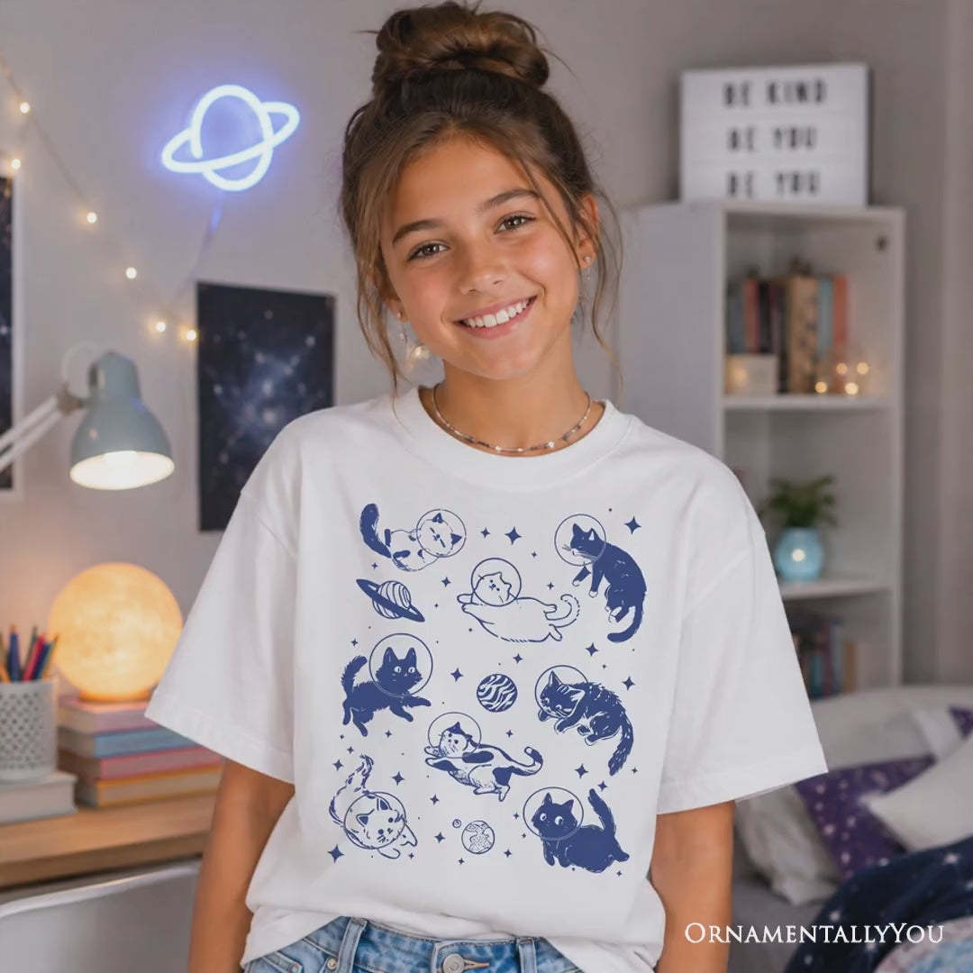 Kids Cats in Space Retro T-Shirt, Funny Astronaut Tee for Youth