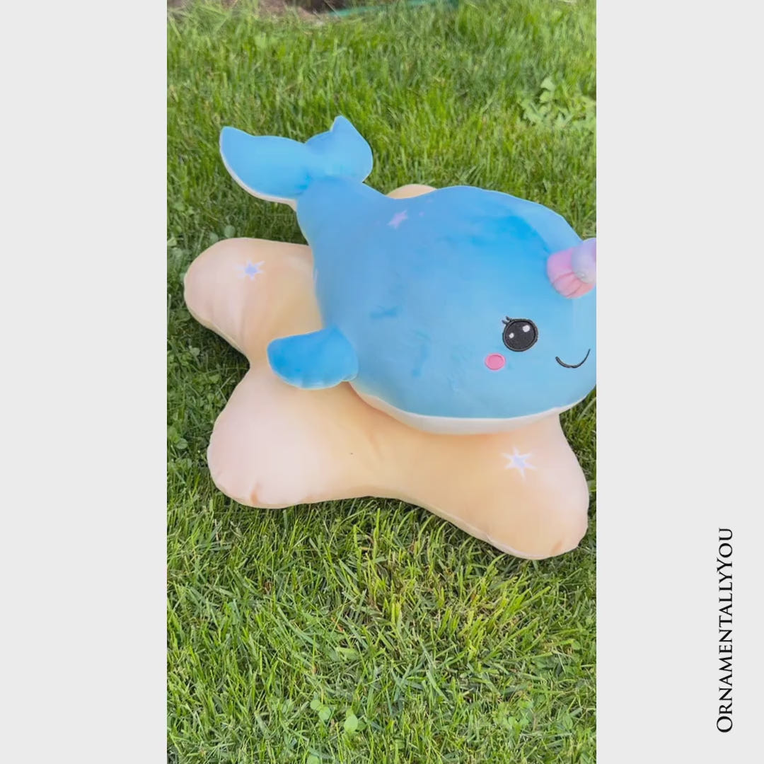 Celeste the Narwhal Plushie, Cute 17" Sea Unicorn Stuffed Animal on Star Pillow for Kids’ Gifts
