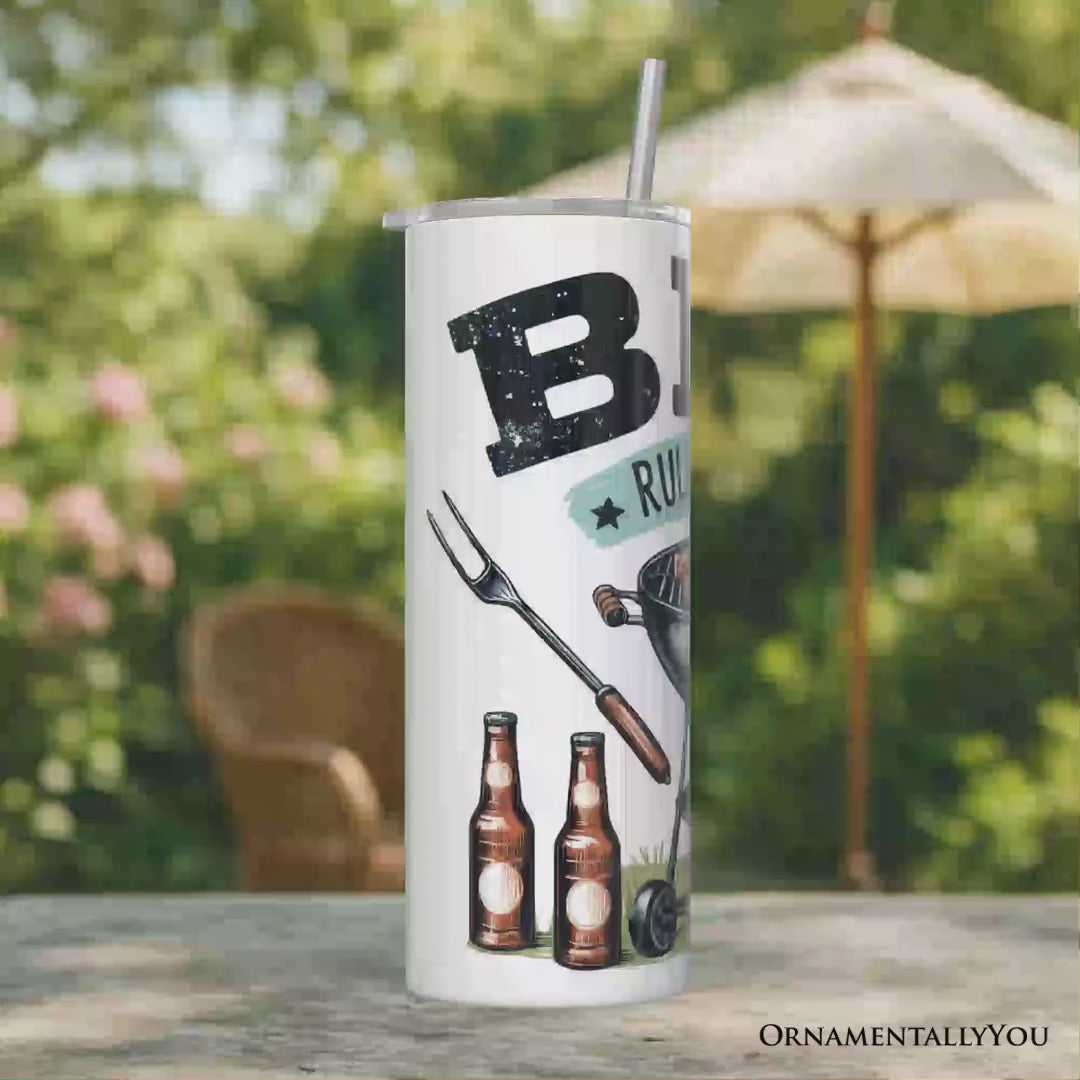 Funny BBQ Rules For Men 20oz Personalized Tumbler With Lid and Stainless Steel Straw, Backyard Grill Guide Humor Gift Cup