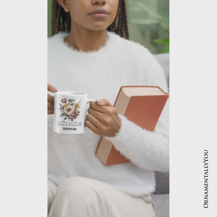 In the Waiting God Is Working Floral Christian Personalized Mug, Vintage Wildflower Faith Gift with Custom Name