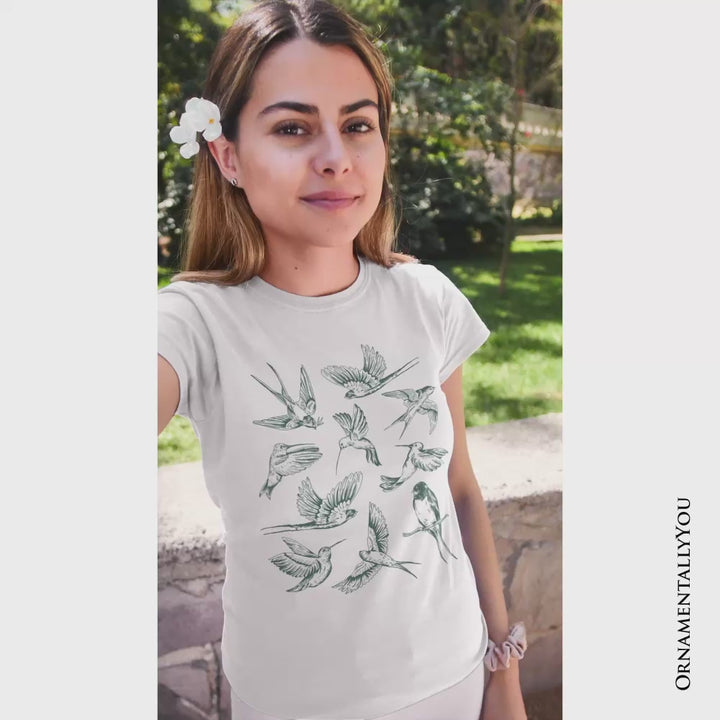 Retro Birds Nature T-Shirt, Vintage Green Bird Illustration Tee