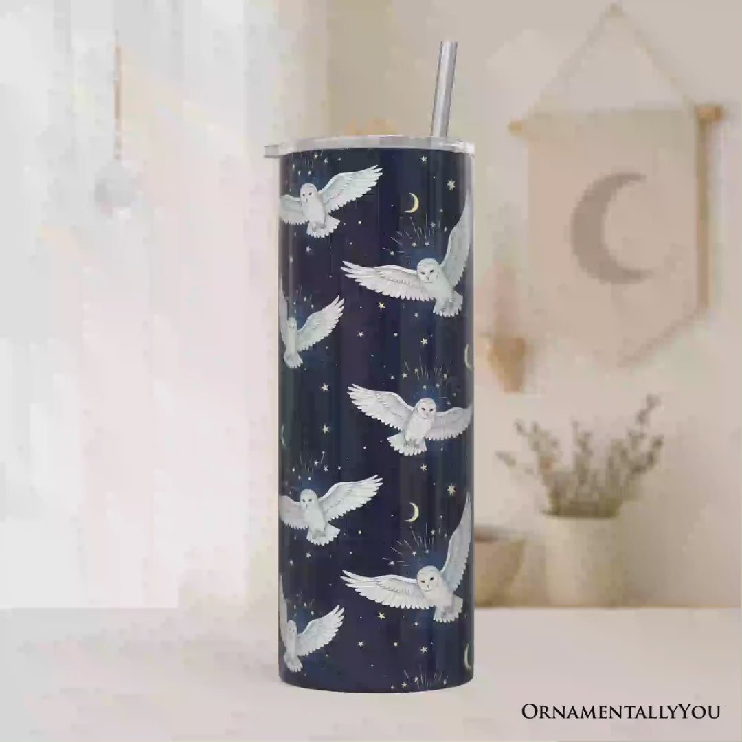 Snowy Owl Under Moon and Stars 20oz Personalized Tumbler With Lid and Stainless Steel Straw, Enchanted Navy Night Sky Gift Cup