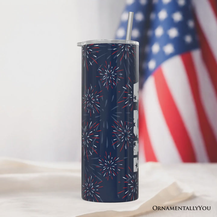 Vintage USA Block Letters 20oz Personalized Tumbler With Lid and Stainless Steel Straw, Patriotic Fireworks for Independence Day Gift Cup