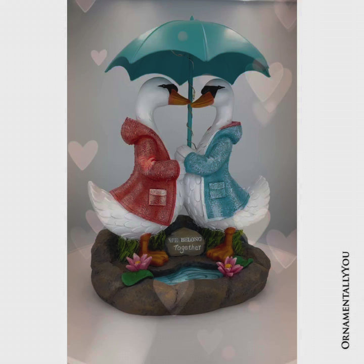 Romantic Swan Couple Under an Umbrella Solar Powered Garden Statue, 10" Lighted Outdoor Bird Figurine Decor