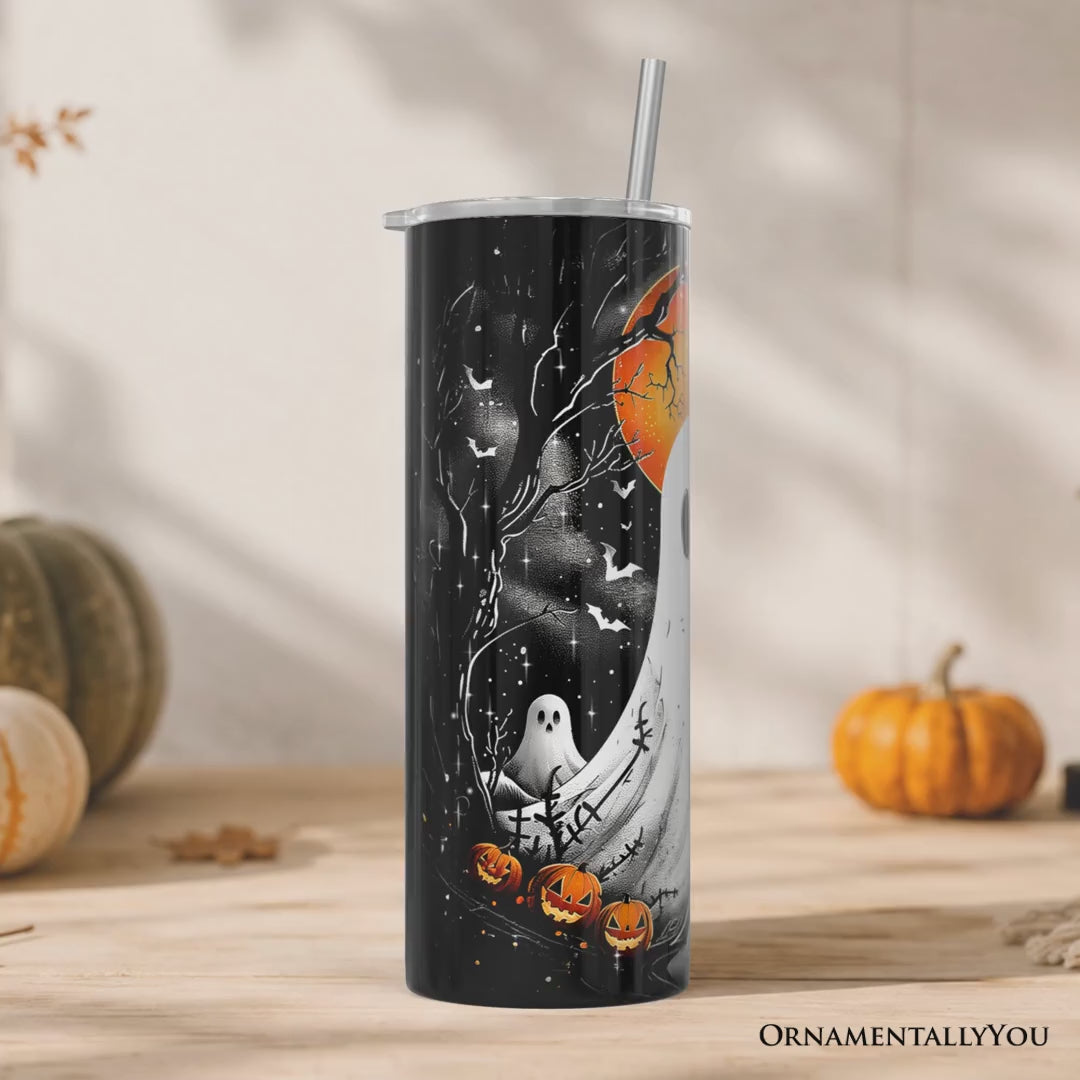 Ghost Night Halloween 20oz Personalized Tumbler With Lid and Stainless Steel Straw, Spooky Horror Gift Cup