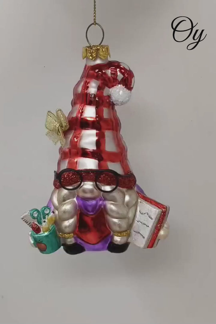 Festive Teacher Gnome Glass Christmas Ornament, Holiday Tree School Gift