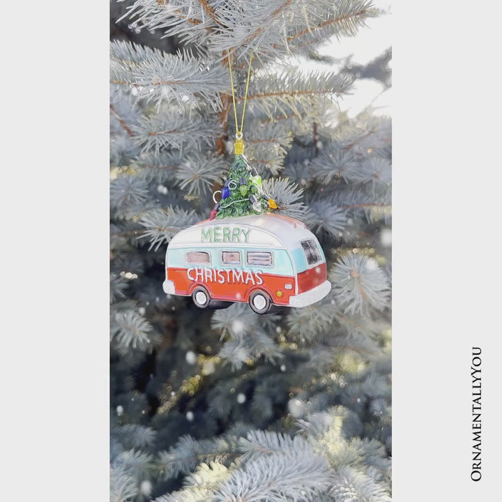 Camping RV Glass Christmas Ornament, Camper Trailer Motorhome Traveler Gift
