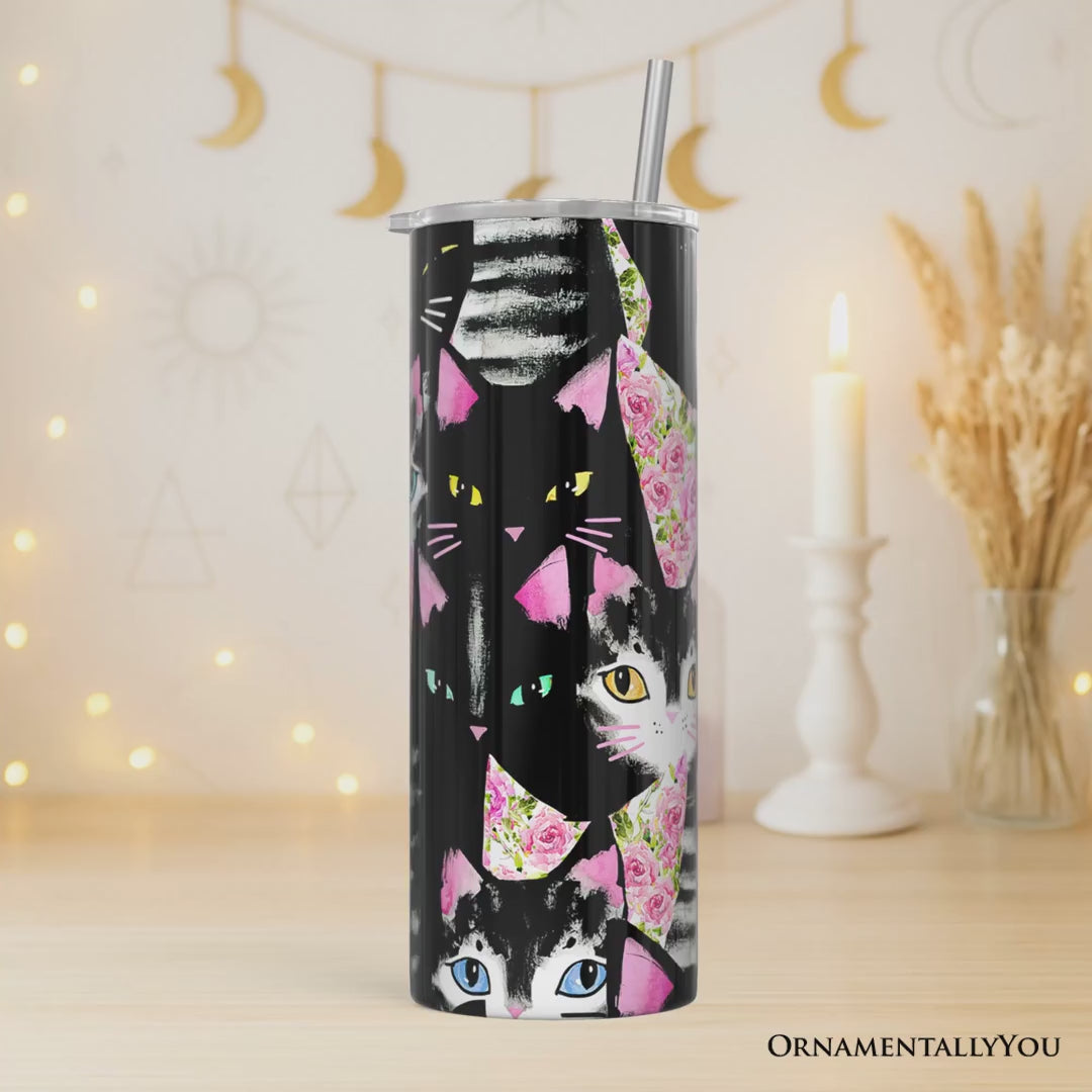 Black Cats Pink Rose Pattern 20oz Personalized Tumbler With Lid and Stainless Steel Straw, Cute Floral Kitty Gift Cup