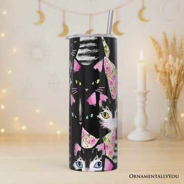 Black Cats Pink Rose Pattern 20oz Personalized Tumbler With Lid and Stainless Steel Straw, Cute Floral Kitty Gift Cup