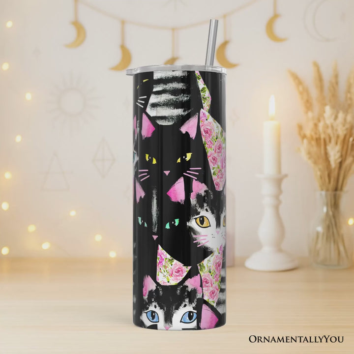 Black Cats Pink Rose Pattern 20oz Personalized Tumbler With Lid and Stainless Steel Straw, Cute Floral Kitty Gift Cup