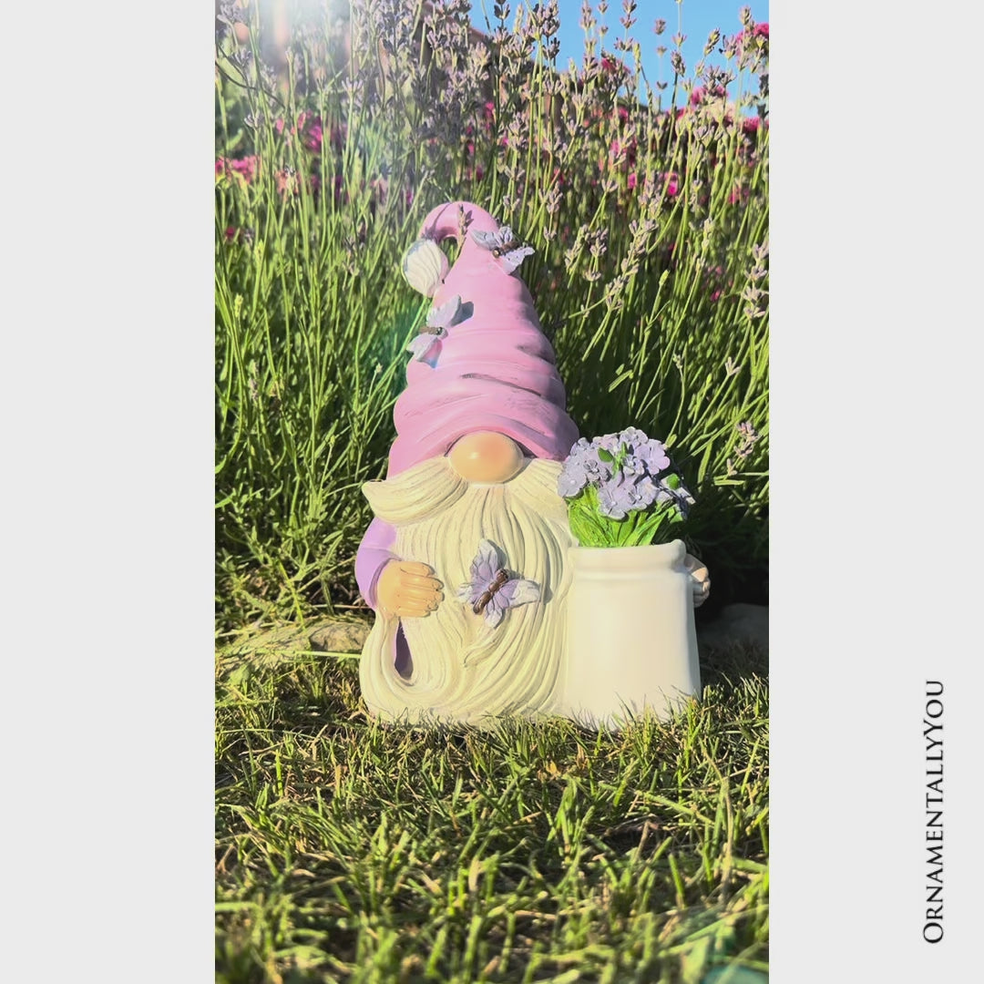 Garden Grace Lavender Gnome Figurine, 10"  Purple Home Decor Statue with Butterflies and Flowers