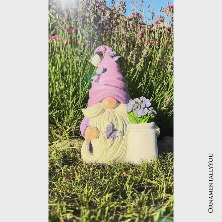 Garden Grace Lavender Gnome Figurine, 10"  Purple Home Decor Statue with Butterflies and Flowers