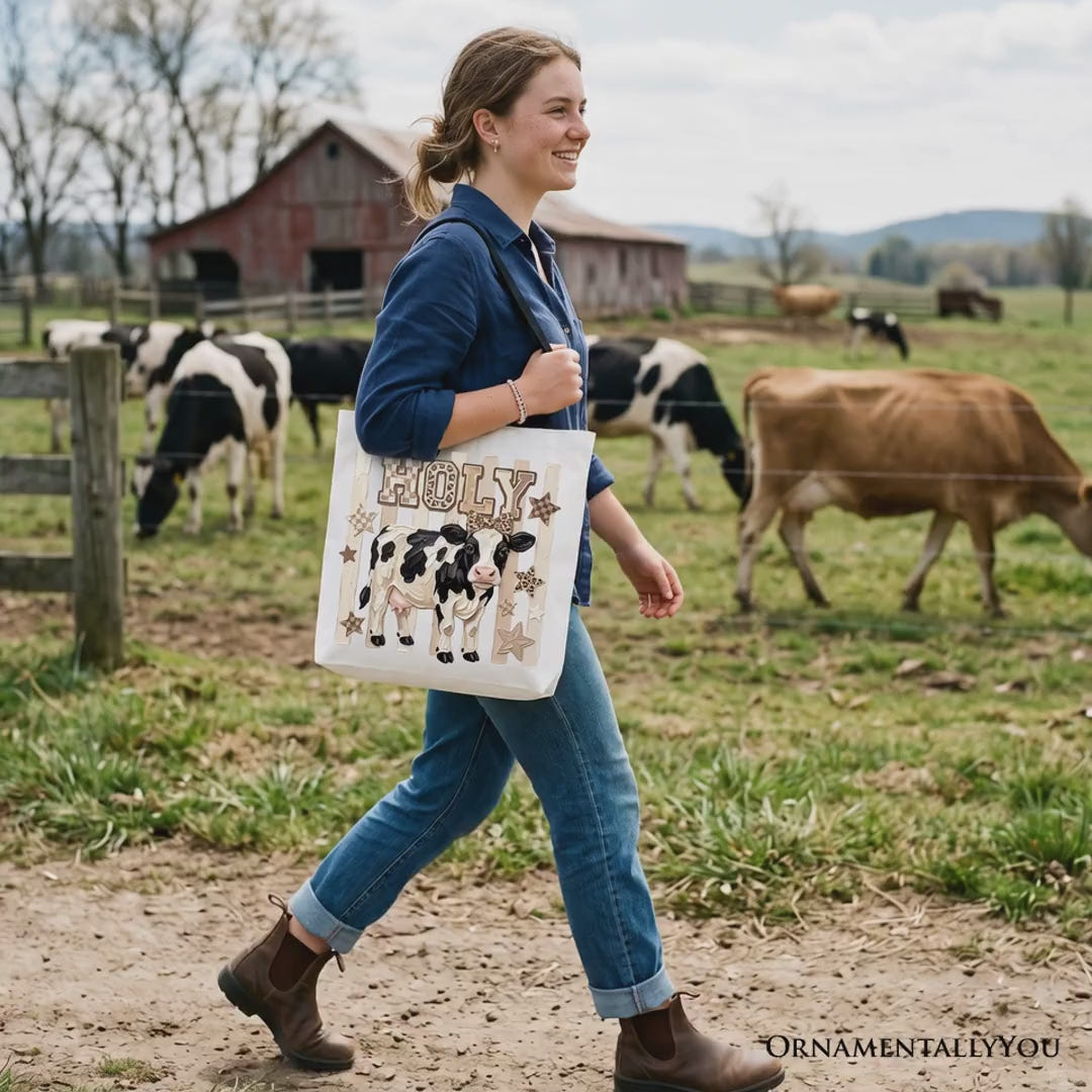 Holy Cow Coquette Tote Bag, Leopard Bow Farm Animal Gift Shopper