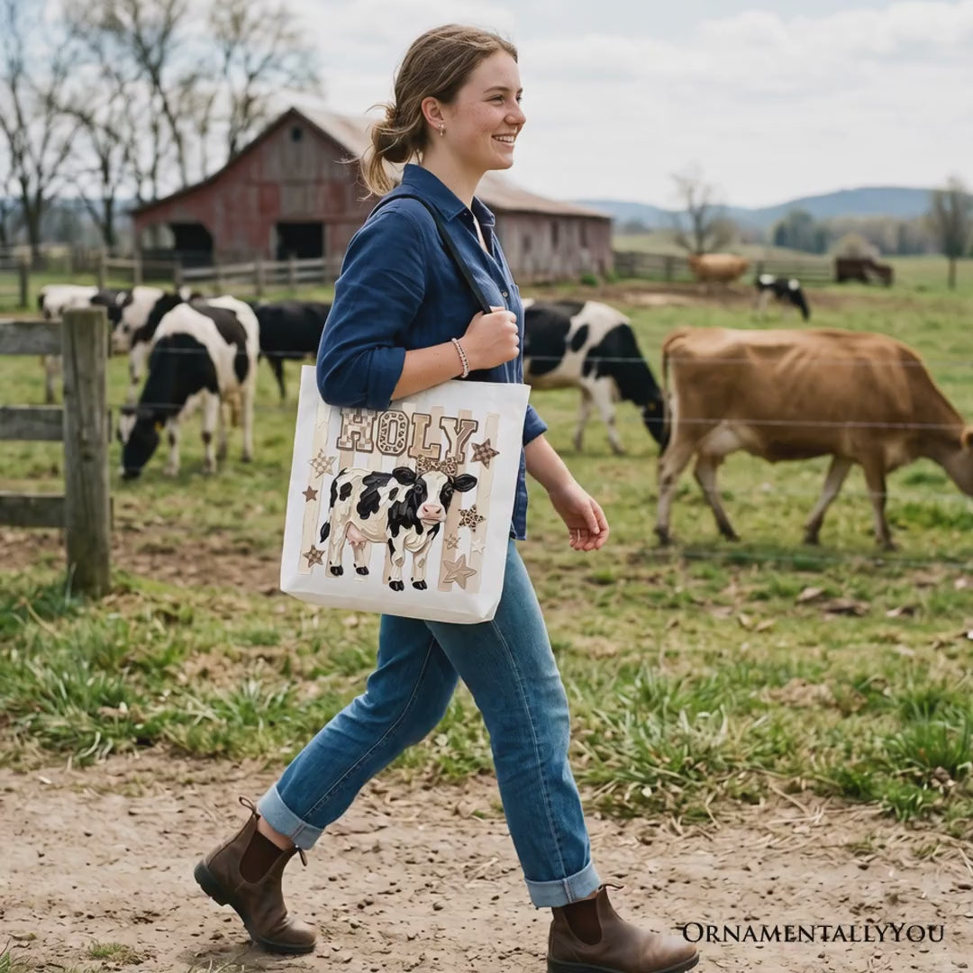 Holy Cow Coquette Tote Bag, Leopard Bow Farm Animal Gift Shopper