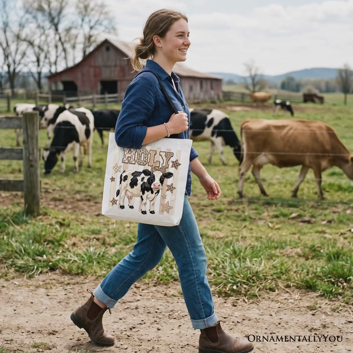 Holy Cow Coquette Tote Bag, Leopard Bow Farm Animal Gift Shopper