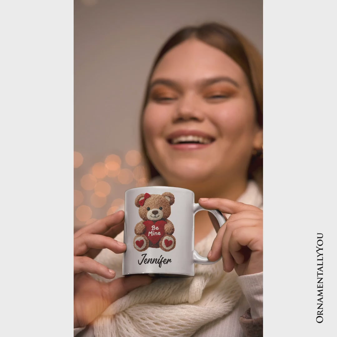 Cute Bear Toy Be Mine Valentine Personalized Mug, Love Coquette Gift with Custom Name