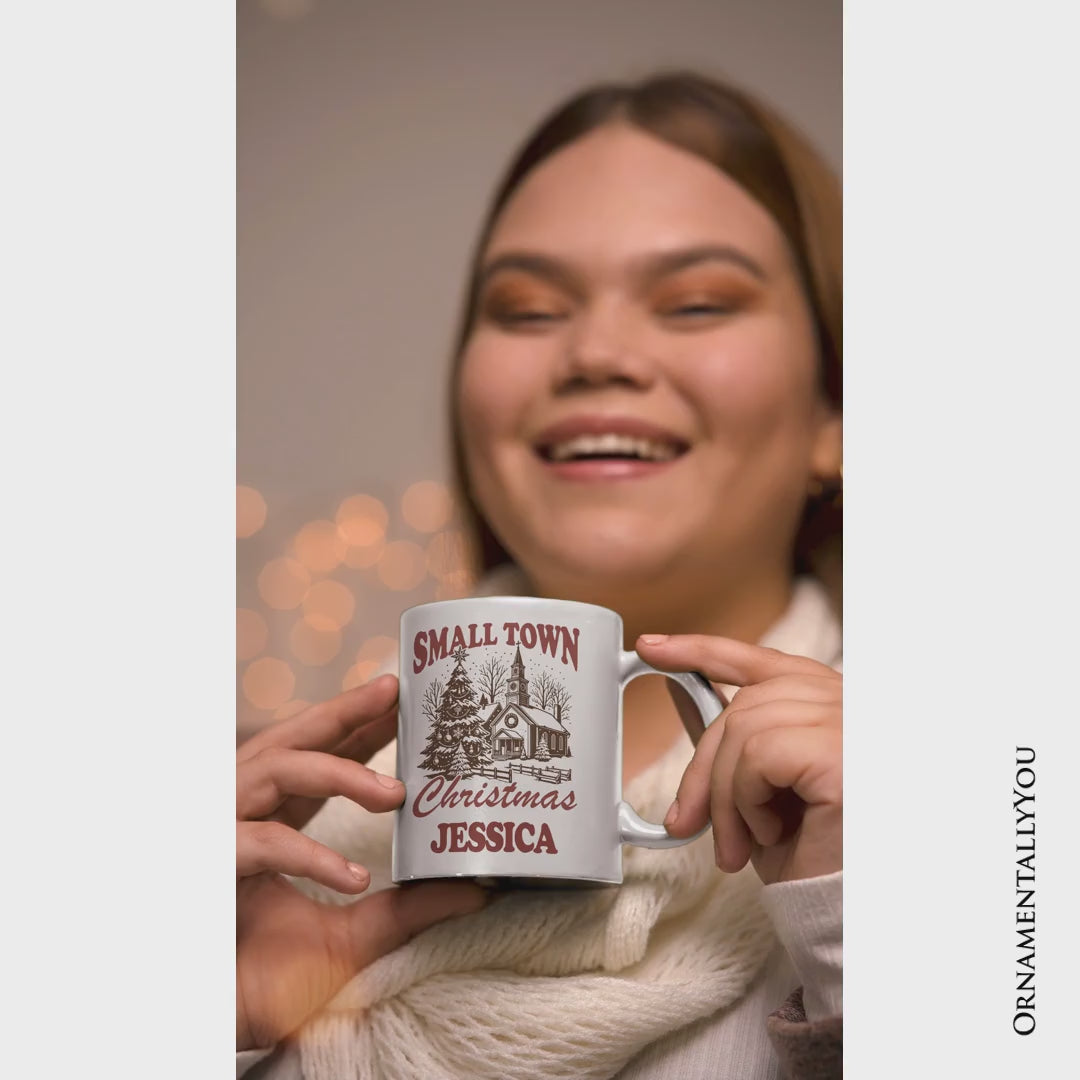 Small Town Christmas Vintage Personalized Mug, Rustic Winter Church Gift with Custom Name