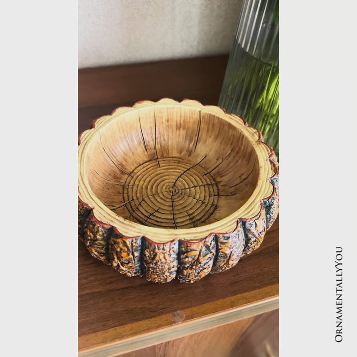 (Pre-Order) Nature's Basin Tree Bark Themed Bowl, 6" Resin Woodlandbasin Bird Bath Decor