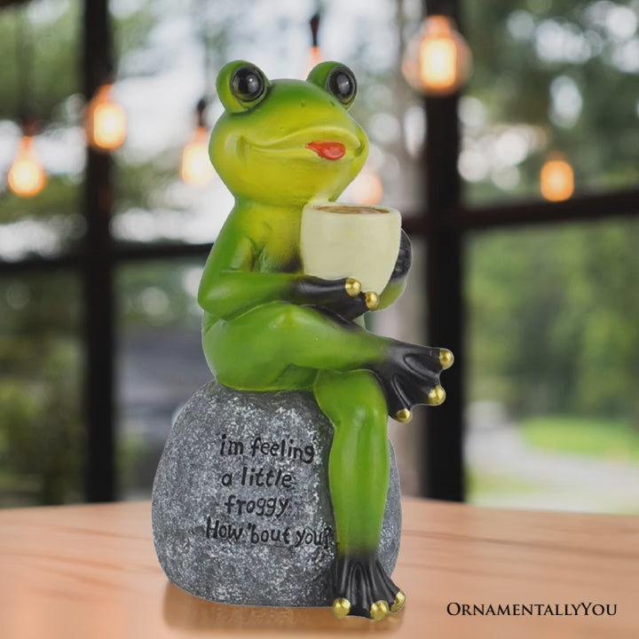 Coffee Drinking Frog Garden Statue with Funny Quote