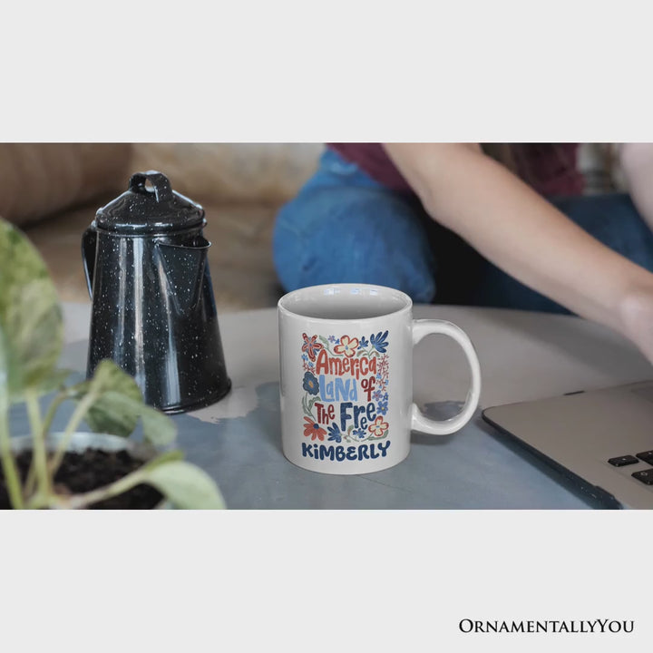 America Land of the Free Personalized Mug, Retro Floral Independence Day Gift with Custom Name