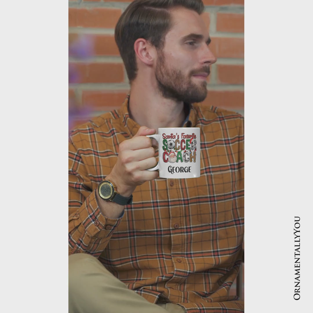 Santa’s Favorite Soccer Coach Personalized Mug, Plaid Christmas Football Gift with Custom Name