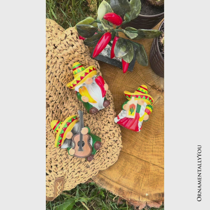 Mexican Gnome Garden Statue Set of 3, 4" Fiesta Dwarf Figurines Outdoor Decor