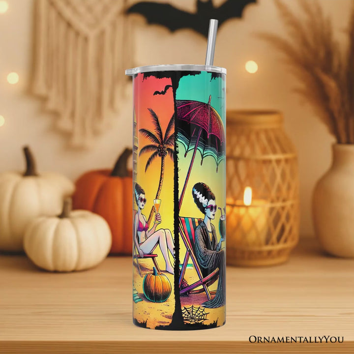 Frankenstein's Summer Beach Vacation 20oz Personalized Tumbler With Lid and Stainless Steel Straw, Retro Horror Neon Surf Gift Cup