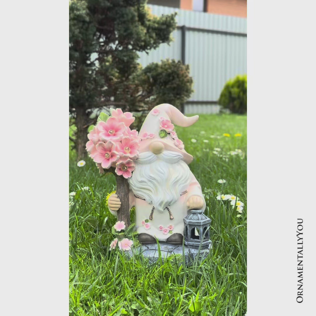 Cherry Blossom Gnome Solar Garden Statue, 8" Figurine and Floral Outdoor Decor