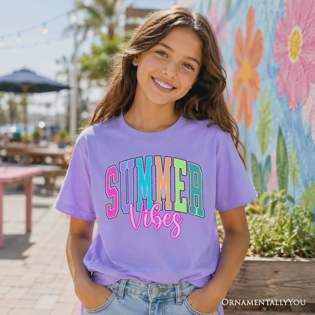 Kids Summer Vibes Neon Varsity T-Shirt, Retro Beach Tee for Youth