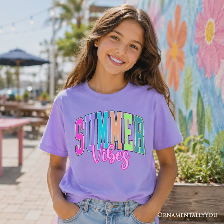 Kids Summer Vibes Neon Varsity T-Shirt, Retro Beach Tee for Youth
